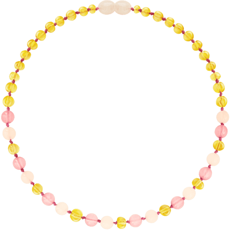 Barnsteen ketting kind - Rozenkwarts en roze Jade